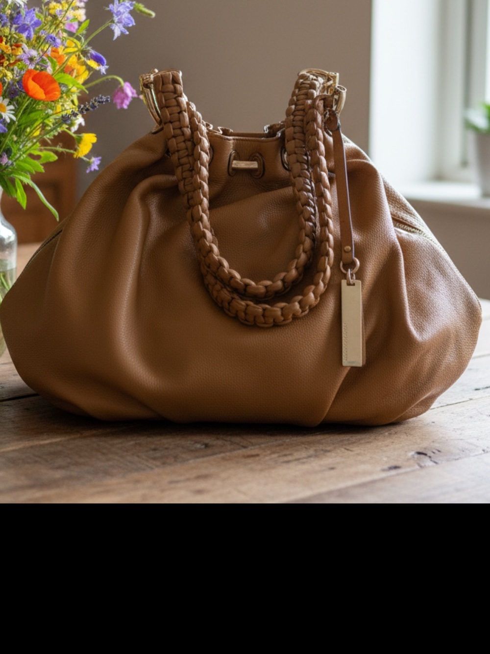 Vince Camuto Braided-Handle Leather Shoulder Tote in Tan Brown